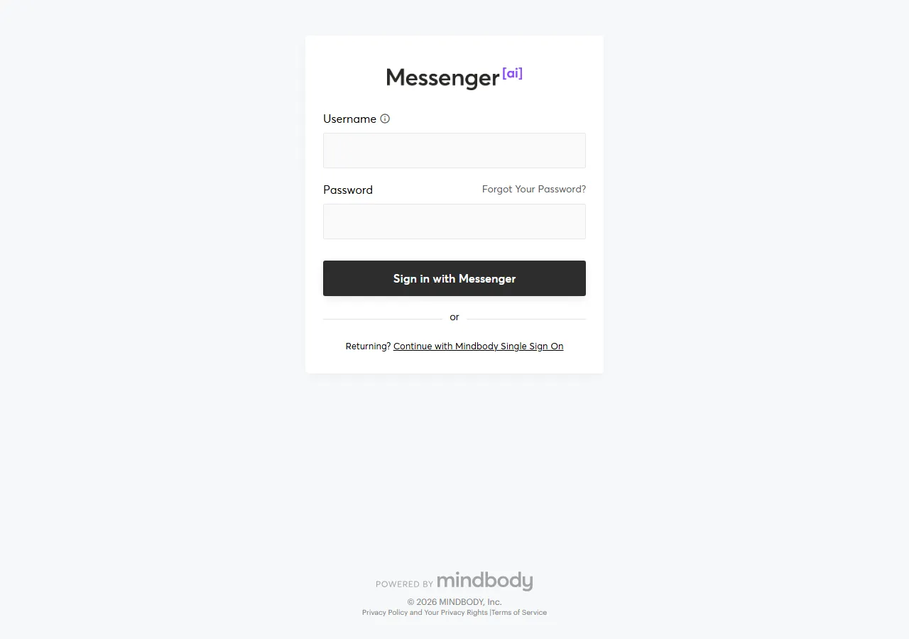 Mindbody Messenger sign-in form with no new-patient route