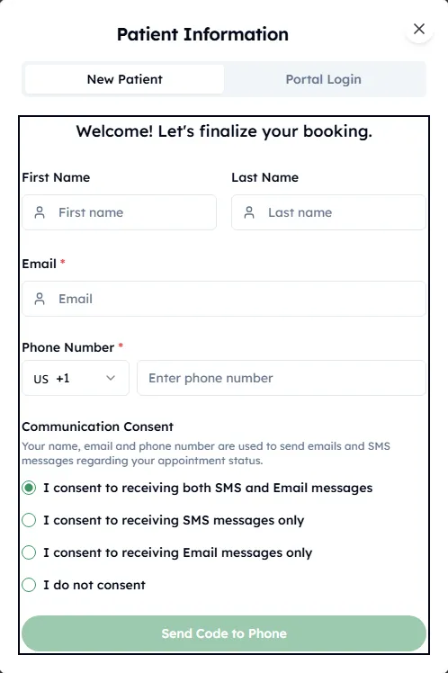 Vendor booking modal requiring name, email, phone and an SMS code before appointment times